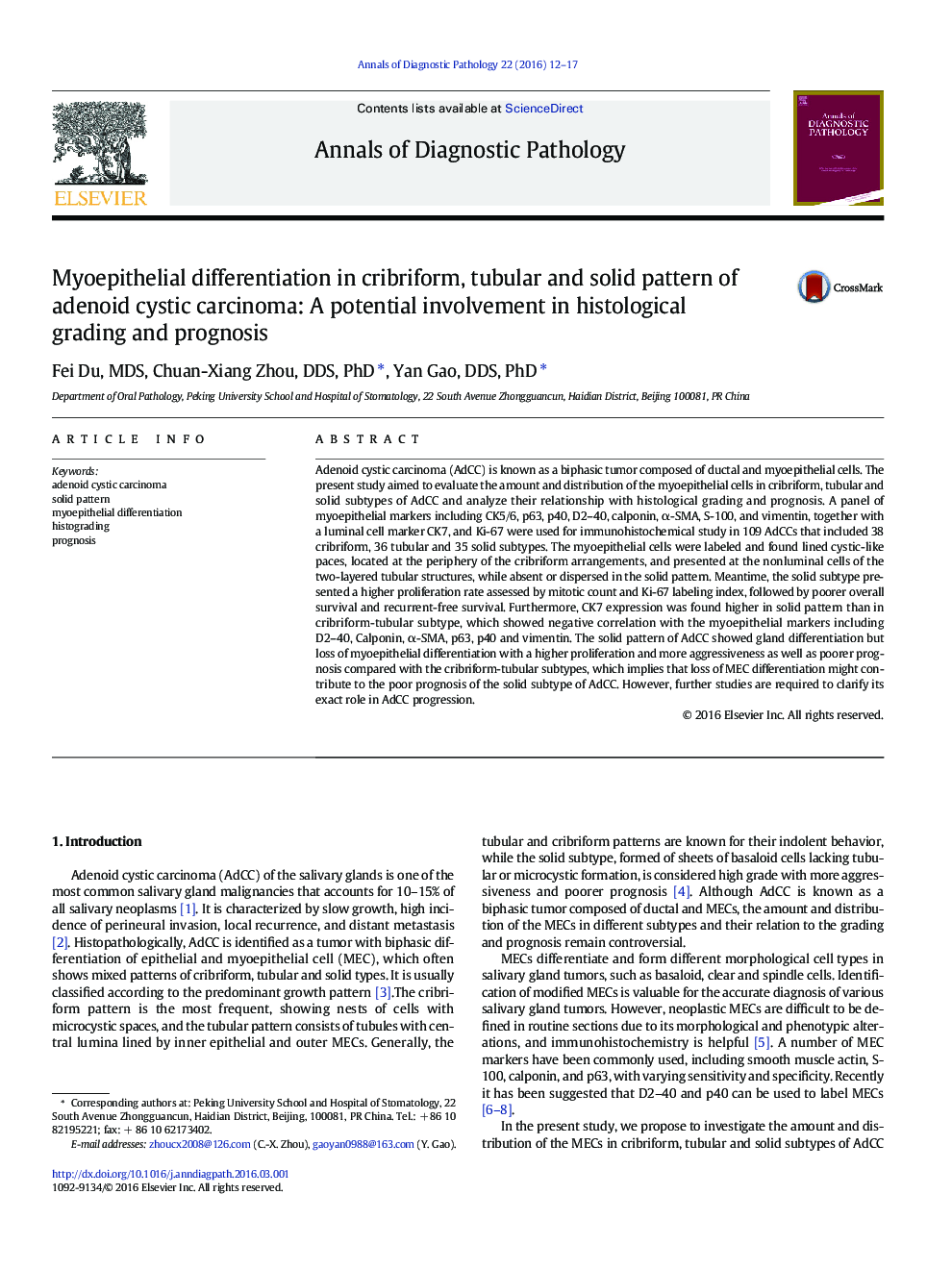 Myoepithelial differentiation in cribriform, tubular and solid pattern of adenoid cystic carcinoma: A potential involvement in histological grading and prognosis