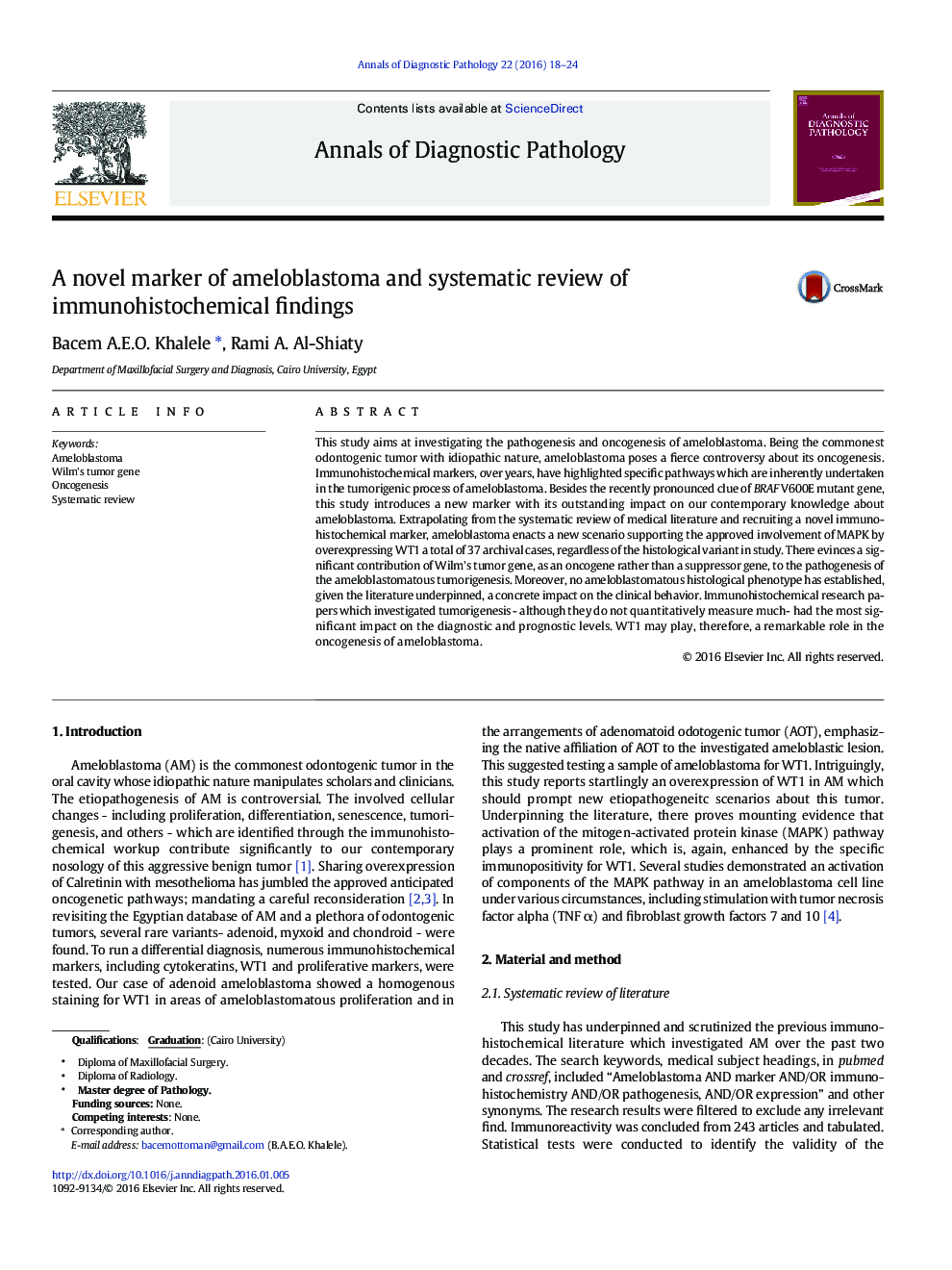 A novel marker of ameloblastoma and systematic review of immunohistochemical findings 