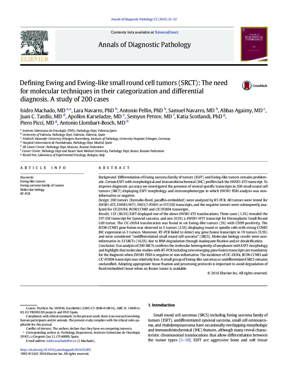 Defining Ewing and Ewing-like small round cell tumors (SRCT): The need for molecular techniques in their categorization and differential diagnosis. A study of 200 cases 