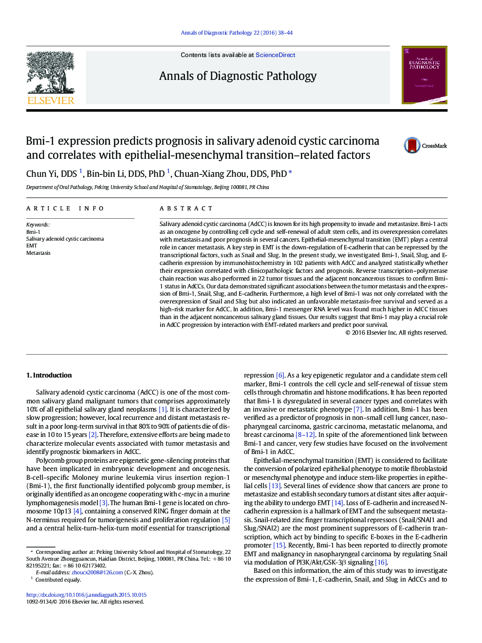 Bmi-1 expression predicts prognosis in salivary adenoid cystic carcinoma and correlates with epithelial-mesenchymal transition–related factors