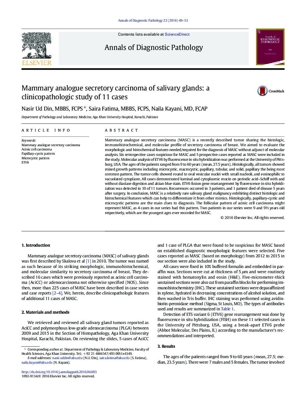 Mammary analogue secretory carcinoma of salivary glands: a clinicopathologic study of 11 cases