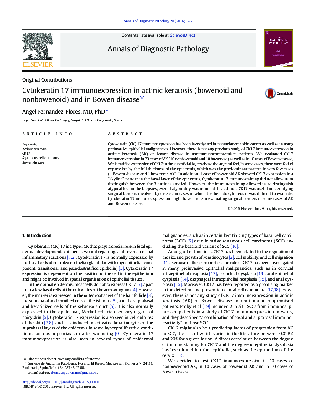 Cytokeratin 17 immunoexpression in actinic keratosis (bowenoid and nonbowenoid) and in Bowen disease 