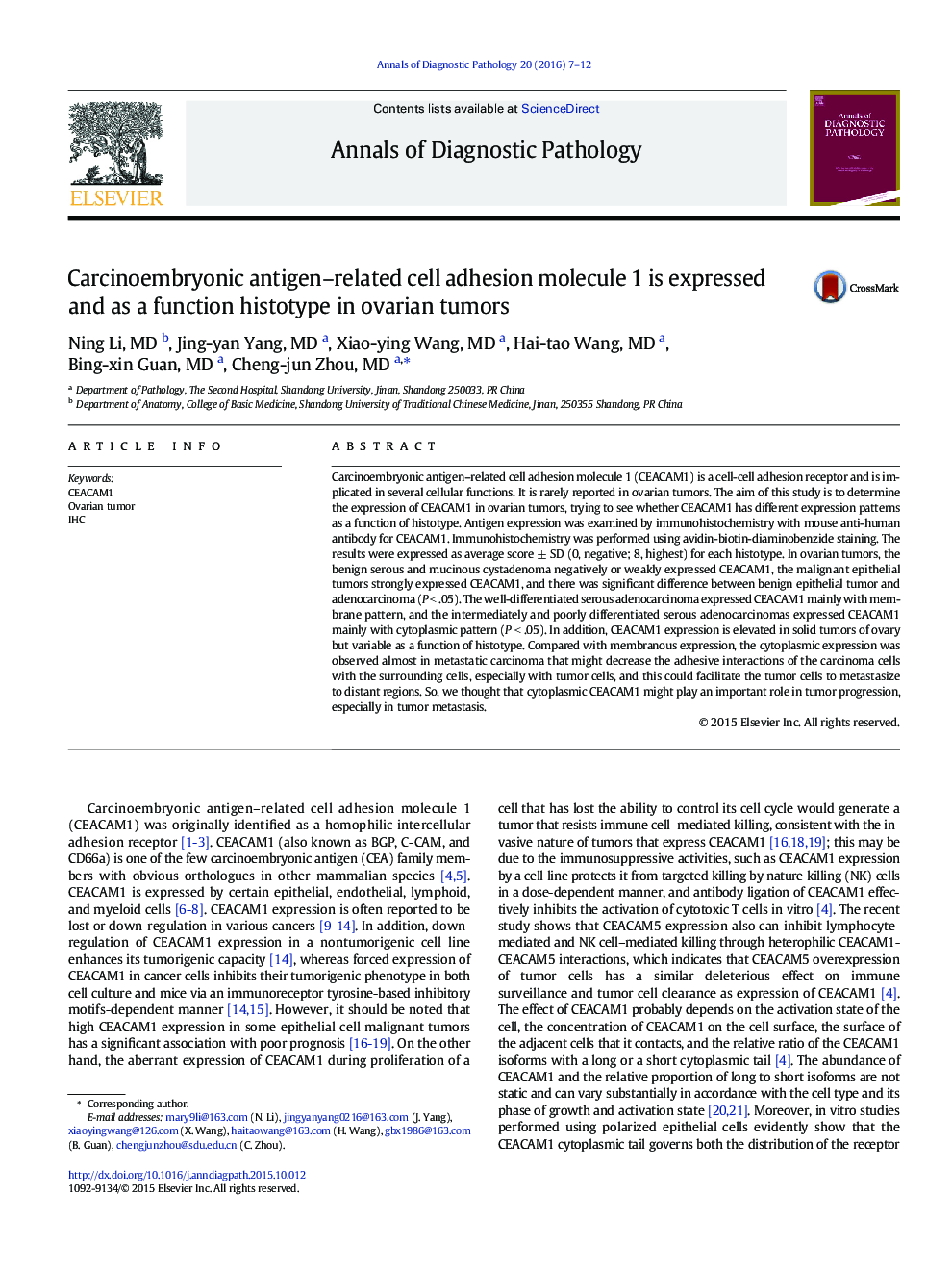 Carcinoembryonic antigen–related cell adhesion molecule 1 is expressed and as a function histotype in ovarian tumors