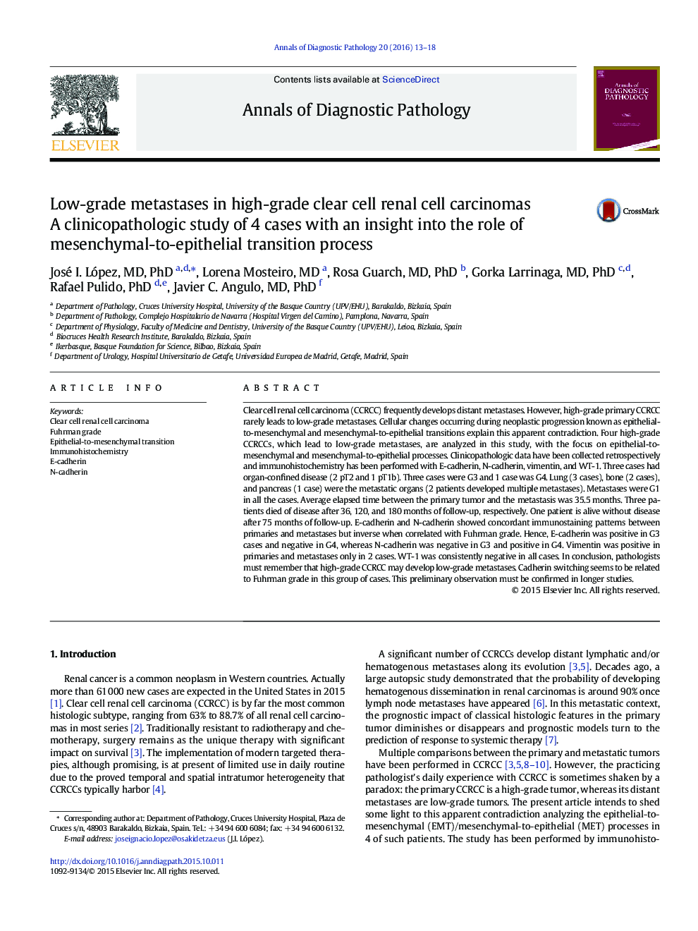 Low-grade metastases in high-grade clear cell renal cell carcinomas: A clinicopathologic study of 4 cases with an insight into the role of mesenchymal-to-epithelial transition process