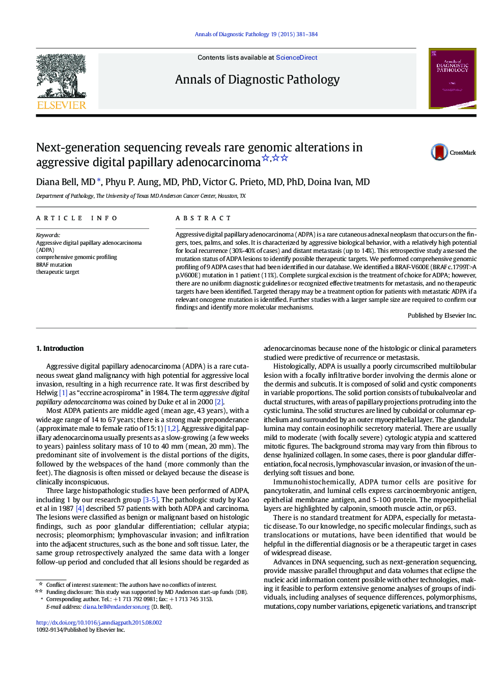 Next-generation sequencing reveals rare genomic alterations in aggressive digital papillary adenocarcinoma 