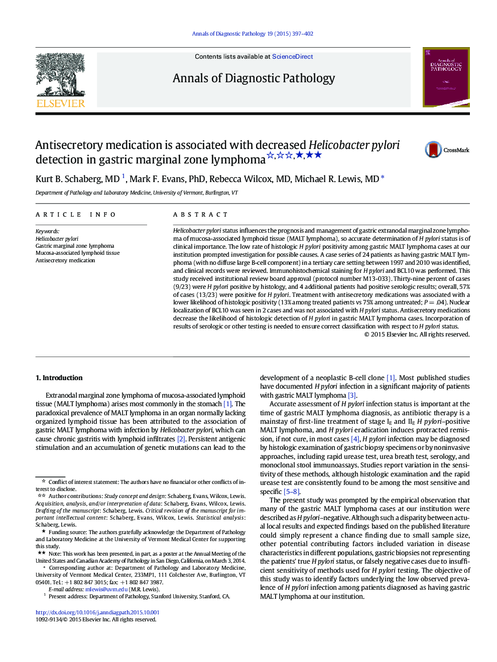 Antisecretory medication is associated with decreased Helicobacter pylori detection in gastric marginal zone lymphoma ★★★