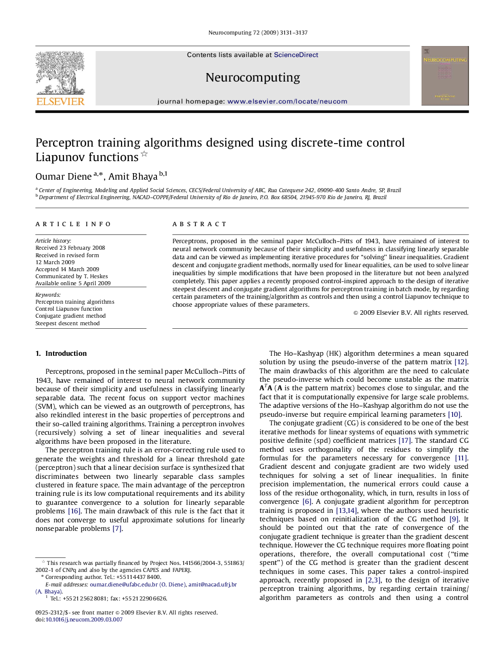 Perceptron training algorithms designed using discrete-time control Liapunov functions 