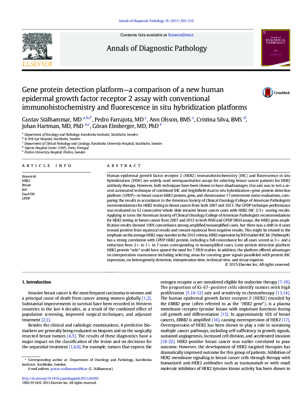 Gene protein detection platform—a comparison of a new human epidermal growth factor receptor 2 assay with conventional immunohistochemistry and fluorescence in situ hybridization platforms