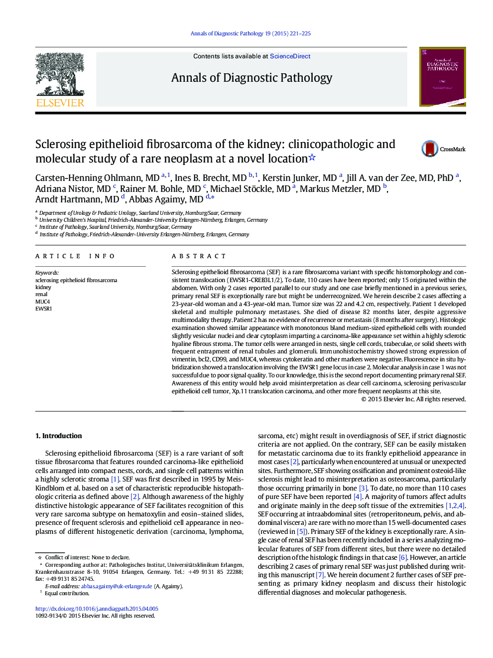 Sclerosing epithelioid fibrosarcoma of the kidney: clinicopathologic and molecular study of a rare neoplasm at a novel location 