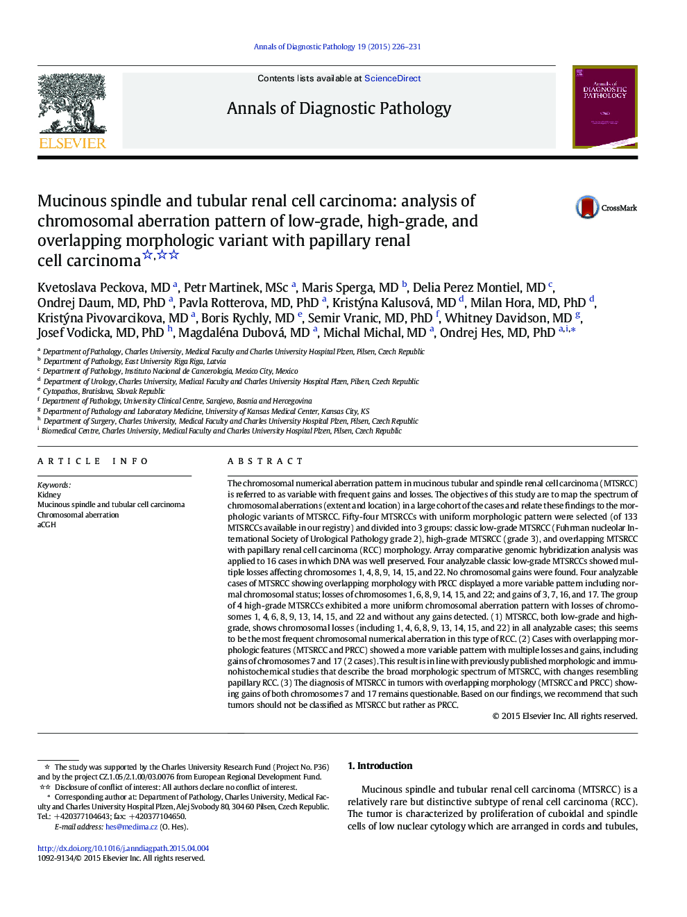 Mucinous spindle and tubular renal cell carcinoma: analysis of chromosomal aberration pattern of low-grade, high-grade, and overlapping morphologic variant with papillary renal cell carcinoma 