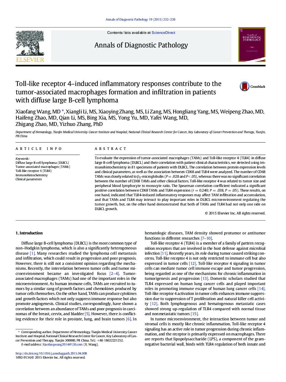 Toll-like receptor 4–induced inflammatory responses contribute to the tumor-associated macrophages formation and infiltration in patients with diffuse large B-cell lymphoma