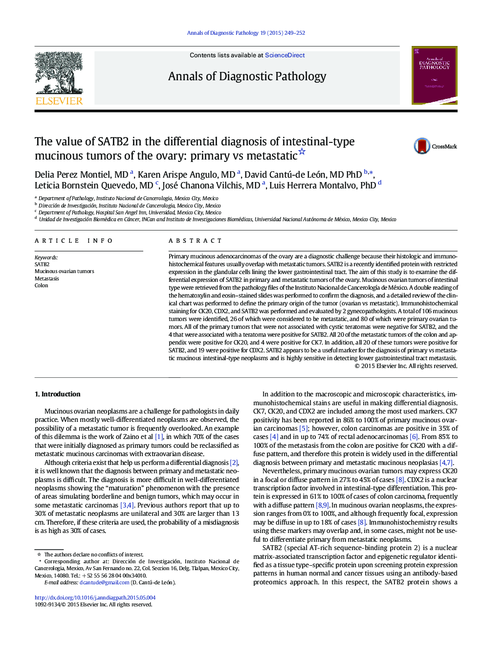 The value of SATB2 in the differential diagnosis of intestinal-type mucinous tumors of the ovary: primary vs metastatic 