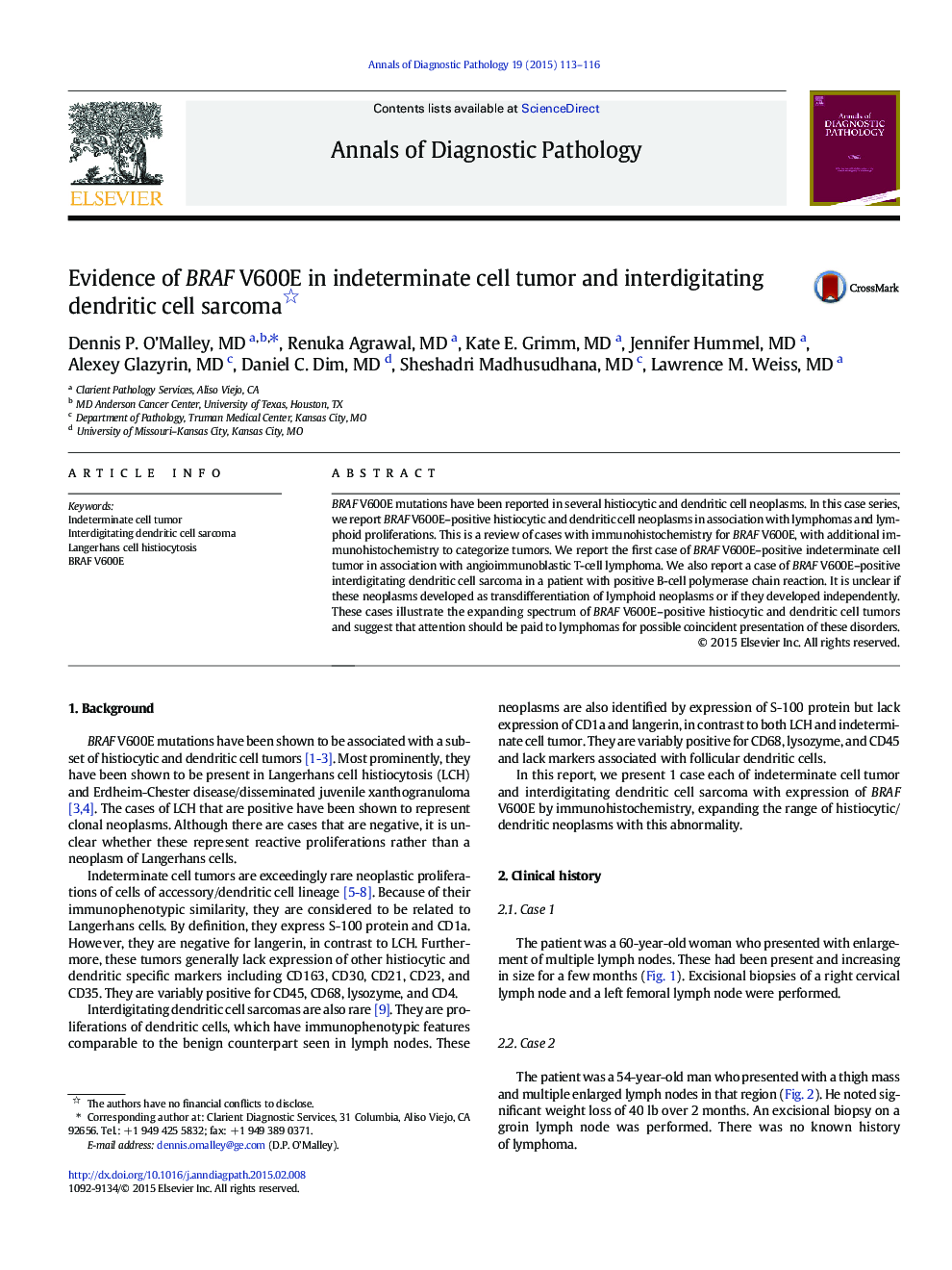 Evidence of BRAF V600E in indeterminate cell tumor and interdigitating dendritic cell sarcoma 