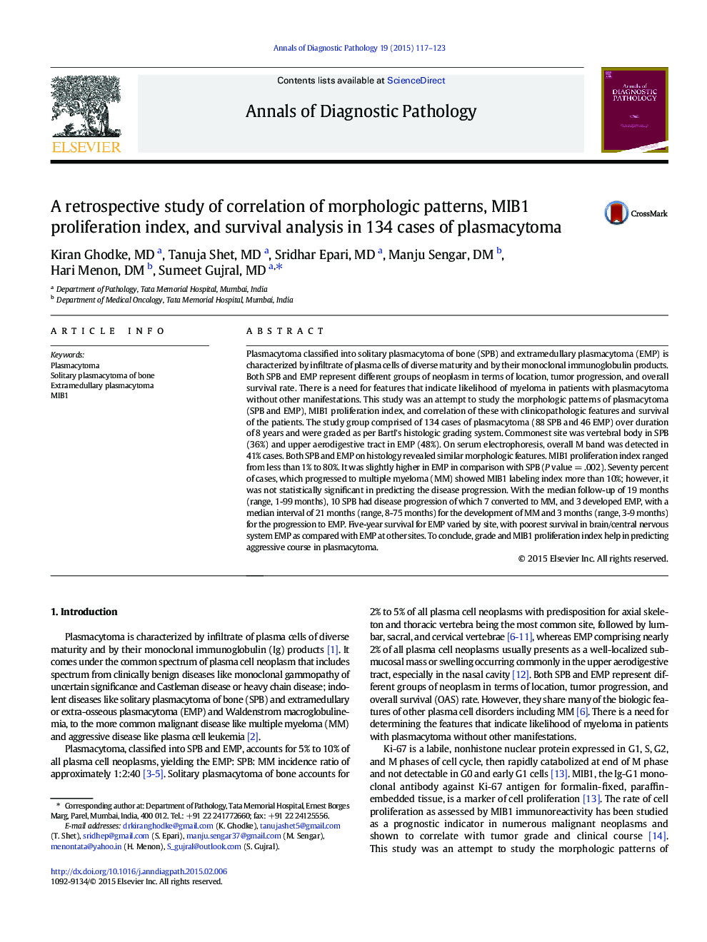 A retrospective study of correlation of morphologic patterns, MIB1 proliferation index, and survival analysis in 134 cases of plasmacytoma