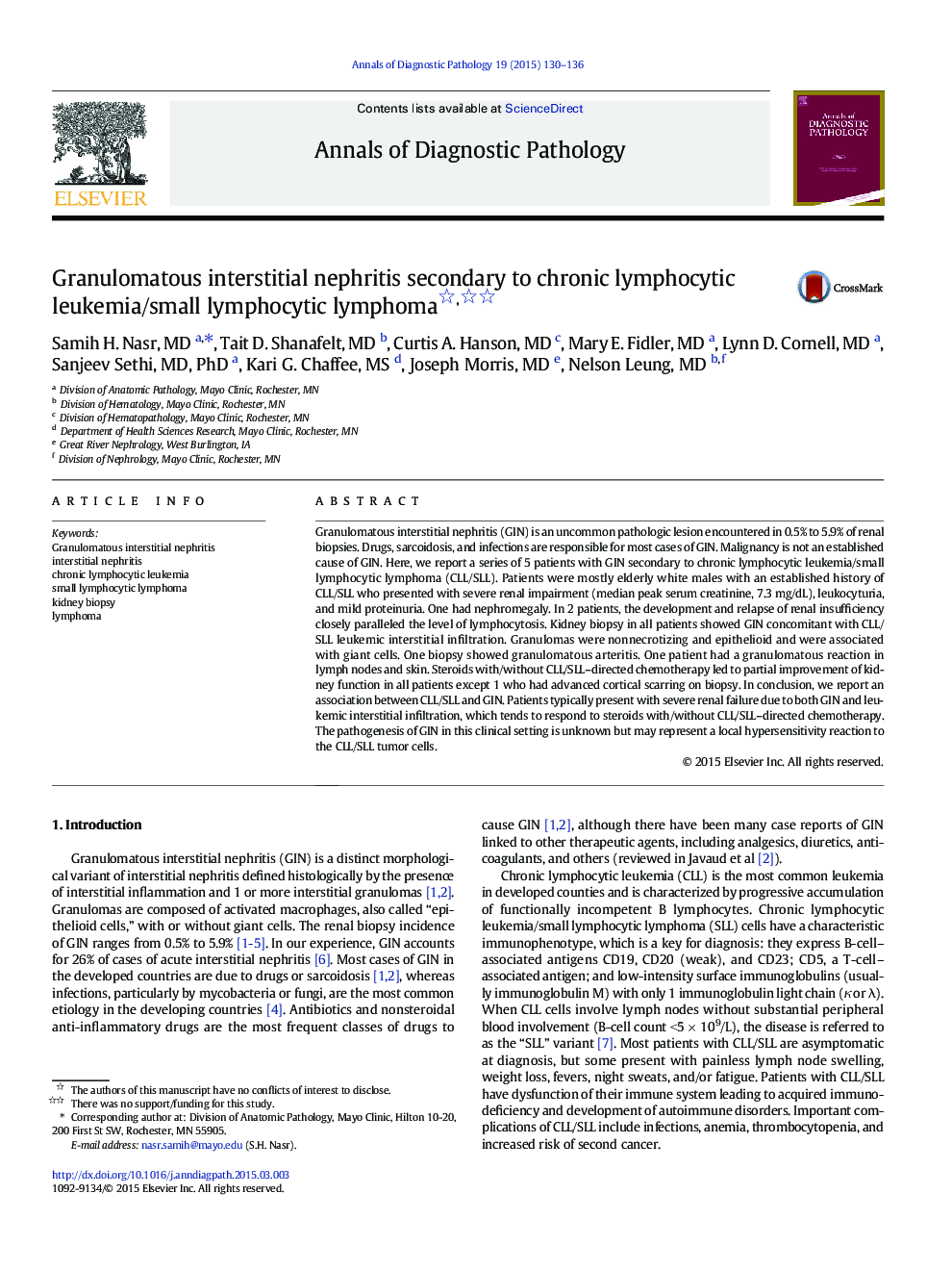 Granulomatous interstitial nephritis secondary to chronic lymphocytic leukemia/small lymphocytic lymphoma 