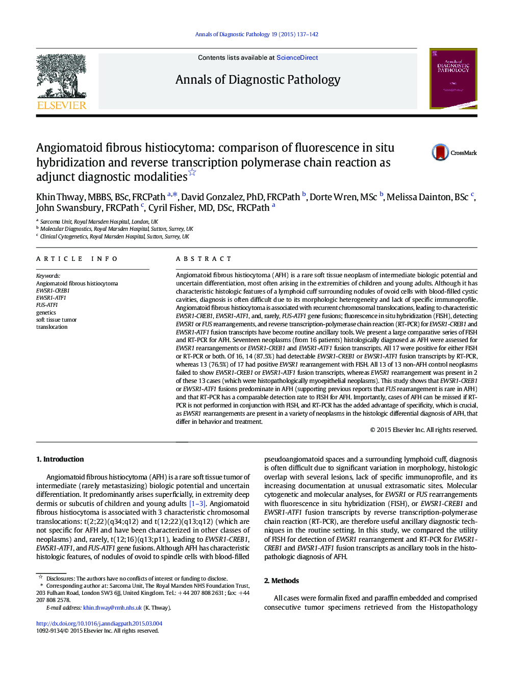 Angiomatoid fibrous histiocytoma: comparison of fluorescence in situ hybridization and reverse transcription polymerase chain reaction as adjunct diagnostic modalities 