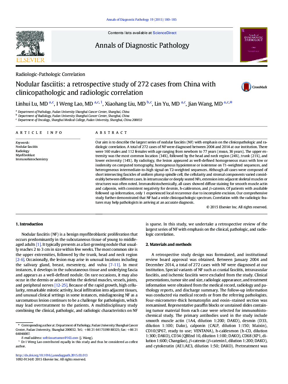 Nodular fasciitis: a retrospective study of 272 cases from China with clinicopathologic and radiologic correlation