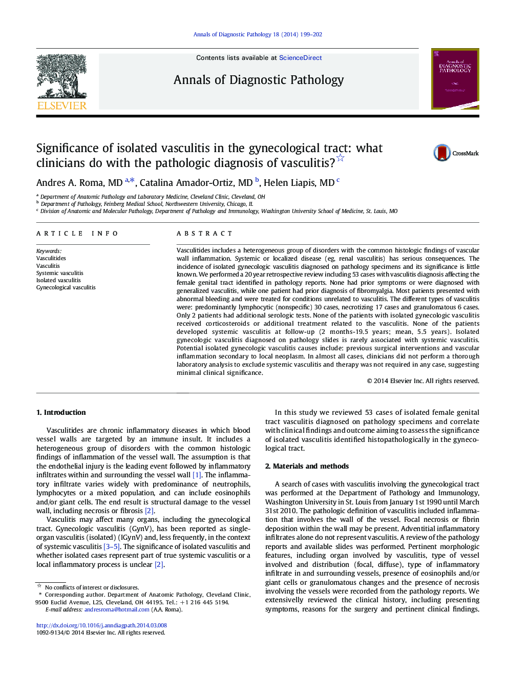 Significance of isolated vasculitis in the gynecological tract: what clinicians do with the pathologic diagnosis of vasculitis? 