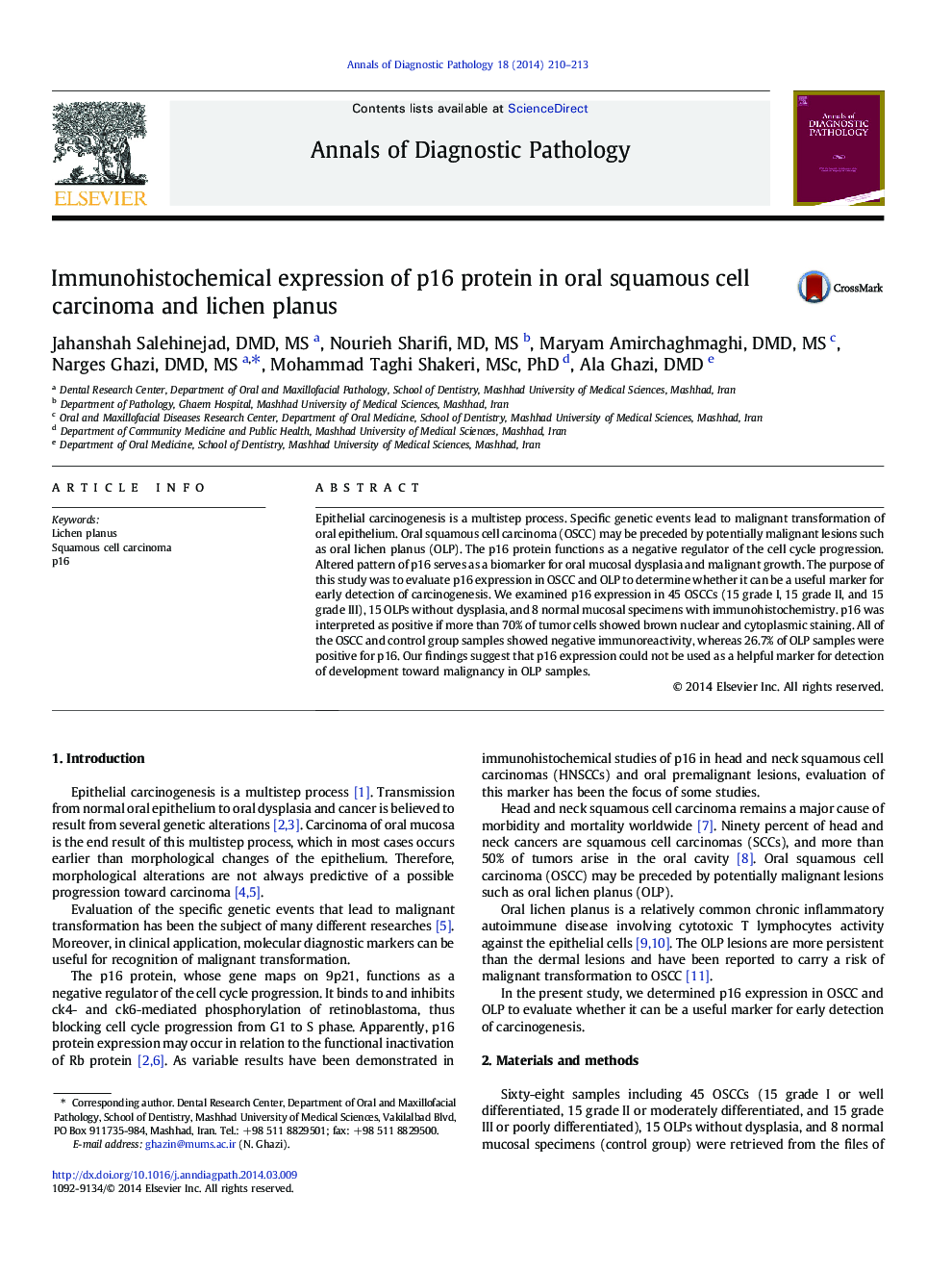 Immunohistochemical expression of p16 protein in oral squamous cell carcinoma and lichen planus