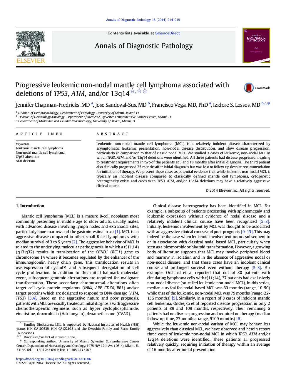 Progressive leukemic non-nodal mantle cell lymphoma associated with deletions of TP53, ATM, and/or 13q14 