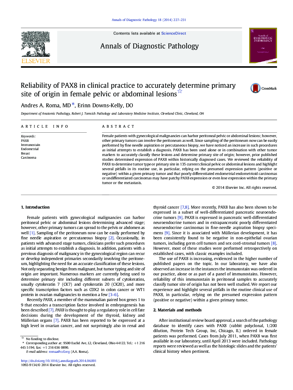 Reliability of PAX8 in clinical practice to accurately determine primary site of origin in female pelvic or abdominal lesions 