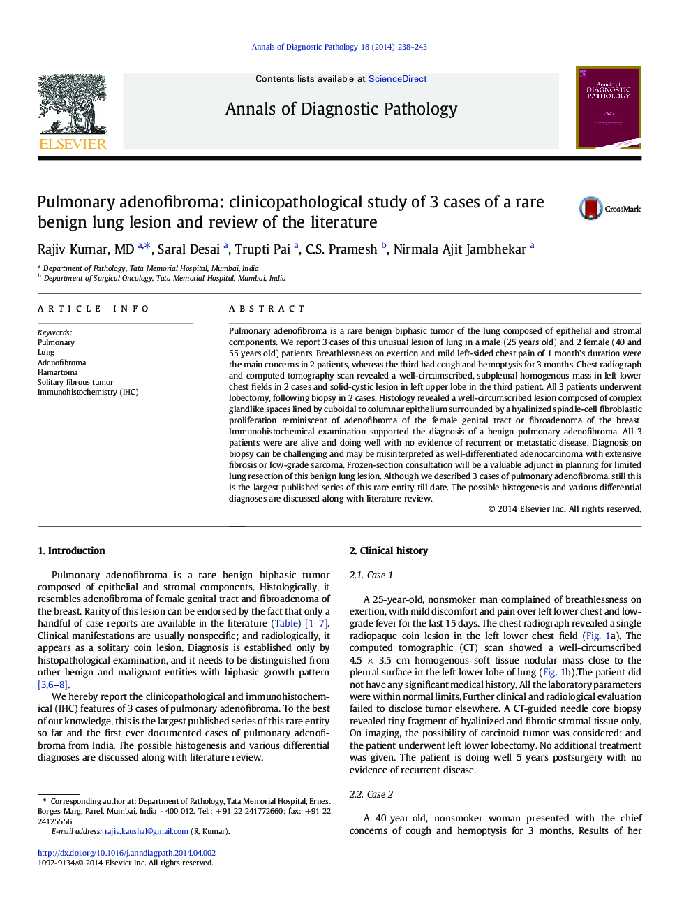 Pulmonary adenofibroma: clinicopathological study of 3 cases of a rare benign lung lesion and review of the literature