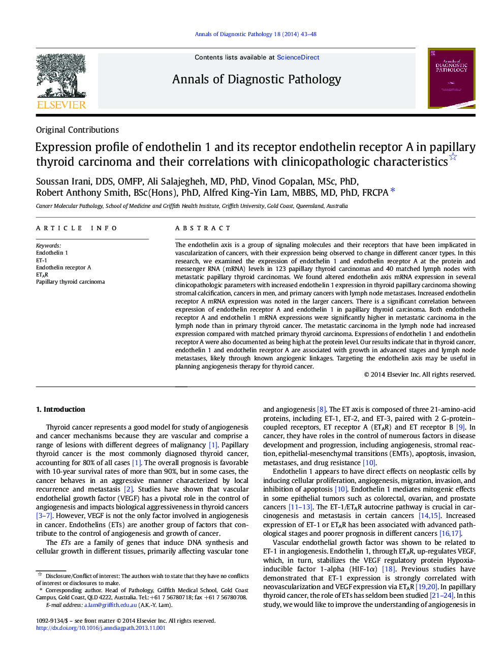 Expression profile of endothelin 1 and its receptor endothelin receptor A in papillary thyroid carcinoma and their correlations with clinicopathologic characteristics 