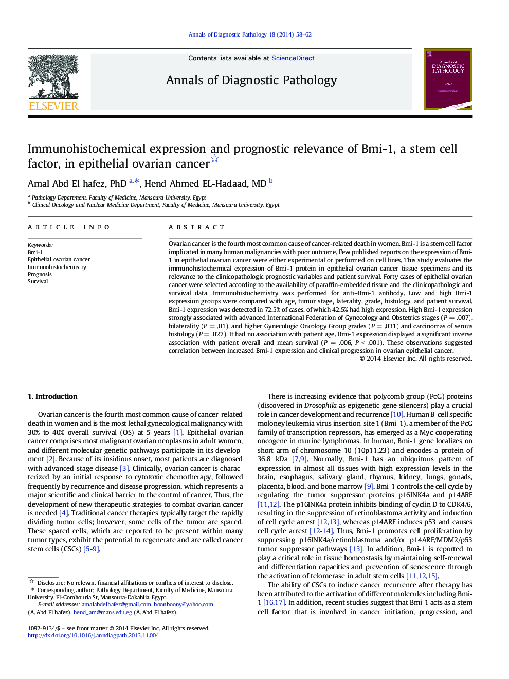 Immunohistochemical expression and prognostic relevance of Bmi-1, a stem cell factor, in epithelial ovarian cancer 