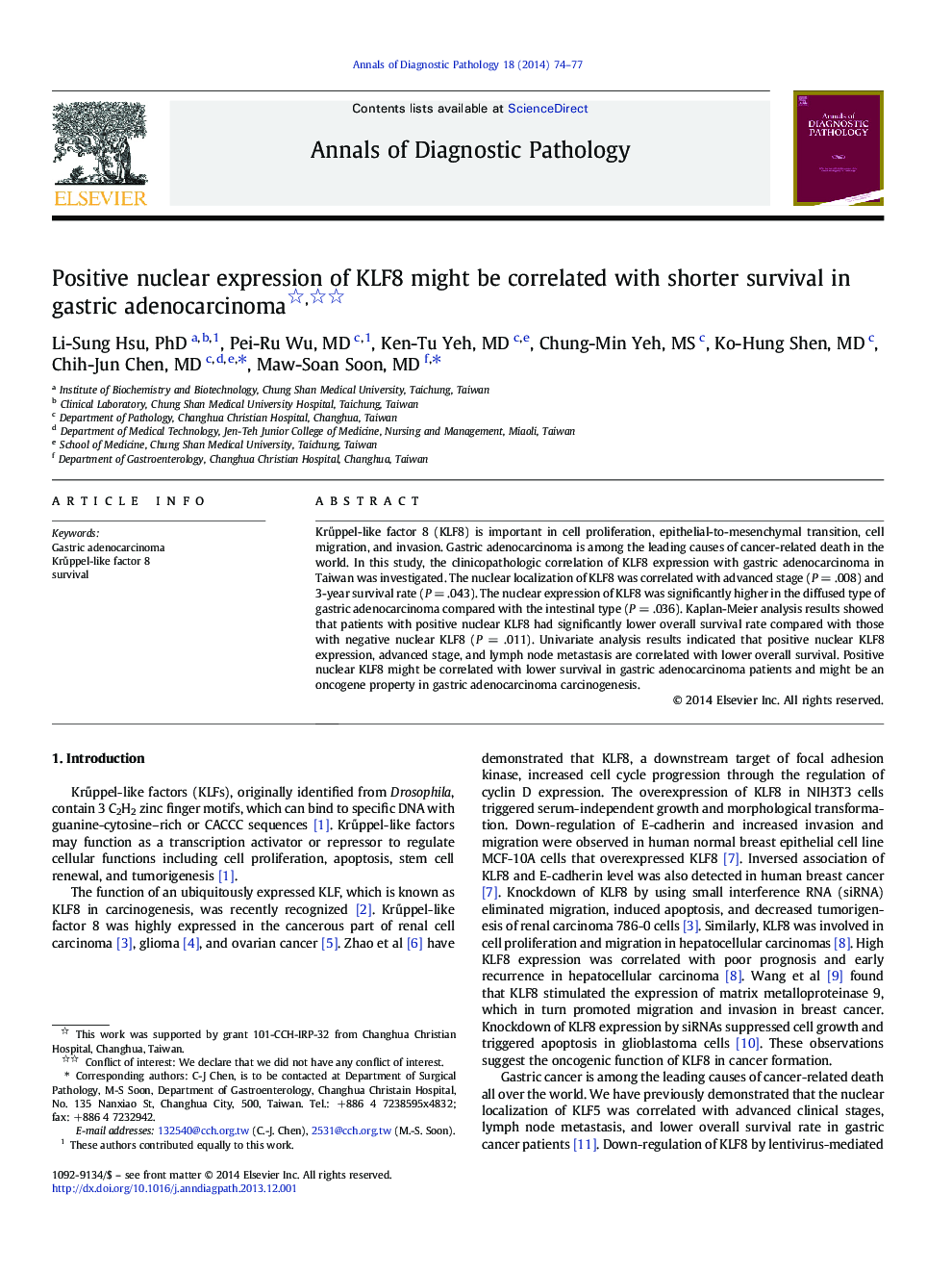 Positive nuclear expression of KLF8 might be correlated with shorter survival in gastric adenocarcinoma 