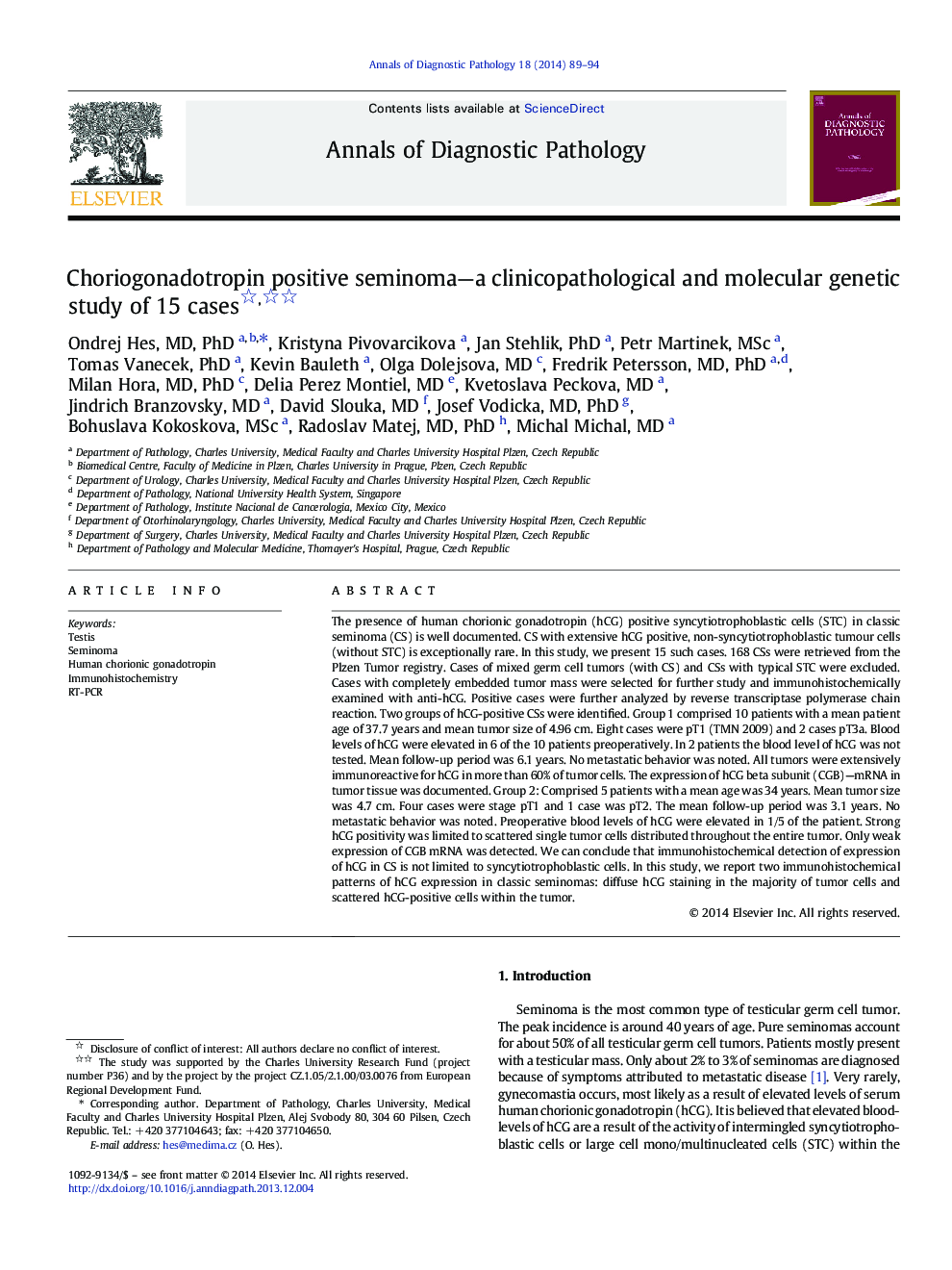 Choriogonadotropin positive seminoma—a clinicopathological and molecular genetic study of 15 cases 