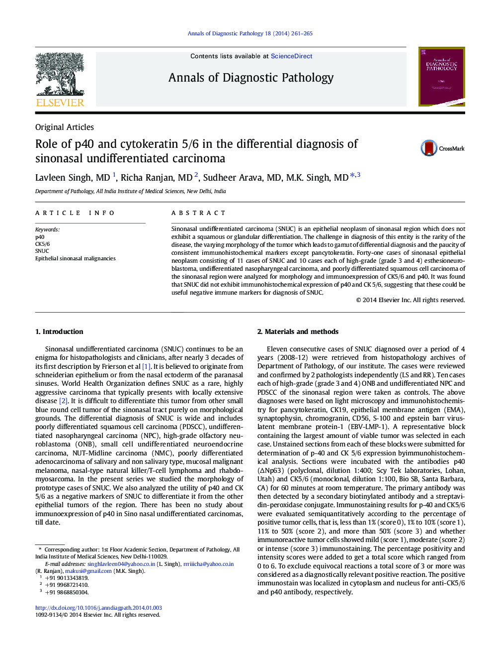 Role of p40 and cytokeratin 5/6 in the differential diagnosis of sinonasal undifferentiated carcinoma