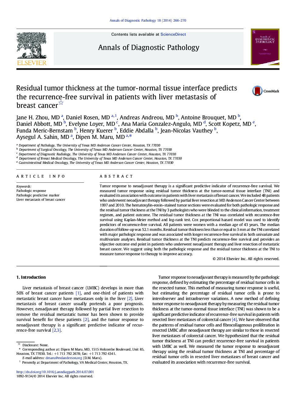 Residual tumor thickness at the tumor-normal tissue interface predicts the recurrence-free survival in patients with liver metastasis of breast cancer 