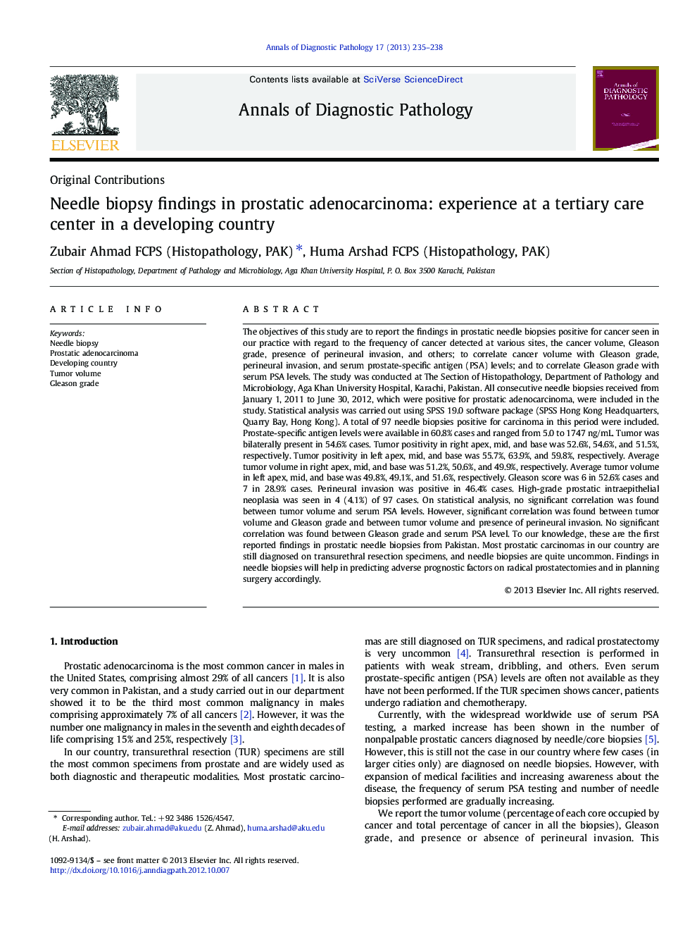 Needle biopsy findings in prostatic adenocarcinoma: experience at a tertiary care center in a developing country