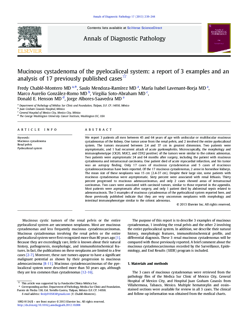 Mucinous cystadenoma of the pyelocaliceal system: a report of 3 examples and an analysis of 17 previously published cases 