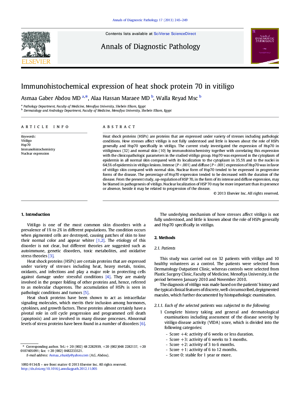 Immunohistochemical expression of heat shock protein 70 in vitiligo