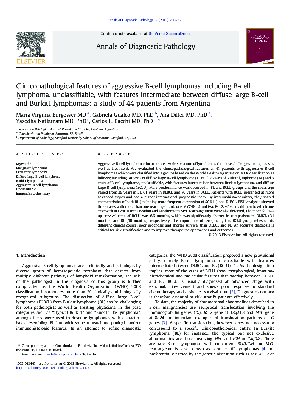 Clinicopathological features of aggressive B-cell lymphomas including B-cell lymphoma, unclassifiable, with features intermediate between diffuse large B-cell and Burkitt lymphomas: a study of 44 patients from Argentina