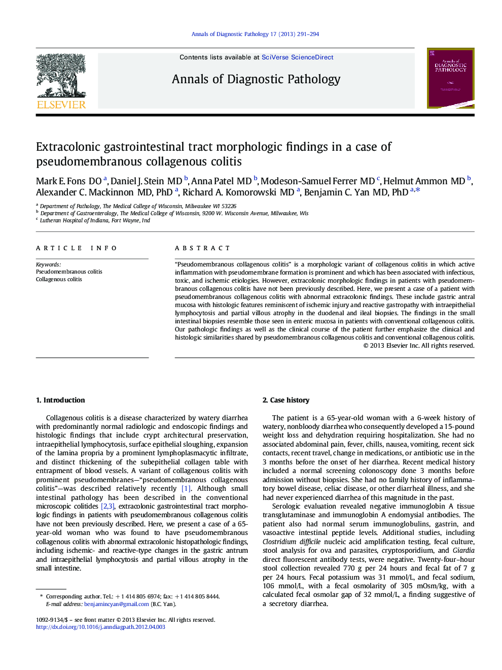 Extracolonic gastrointestinal tract morphologic findings in a case of pseudomembranous collagenous colitis