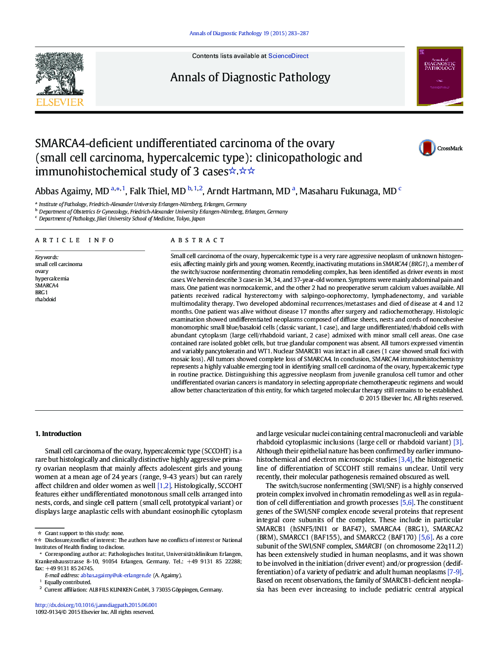 SMARCA4-deficient undifferentiated carcinoma of the ovary (small cell carcinoma, hypercalcemic type): clinicopathologic and immunohistochemical study of 3 cases 