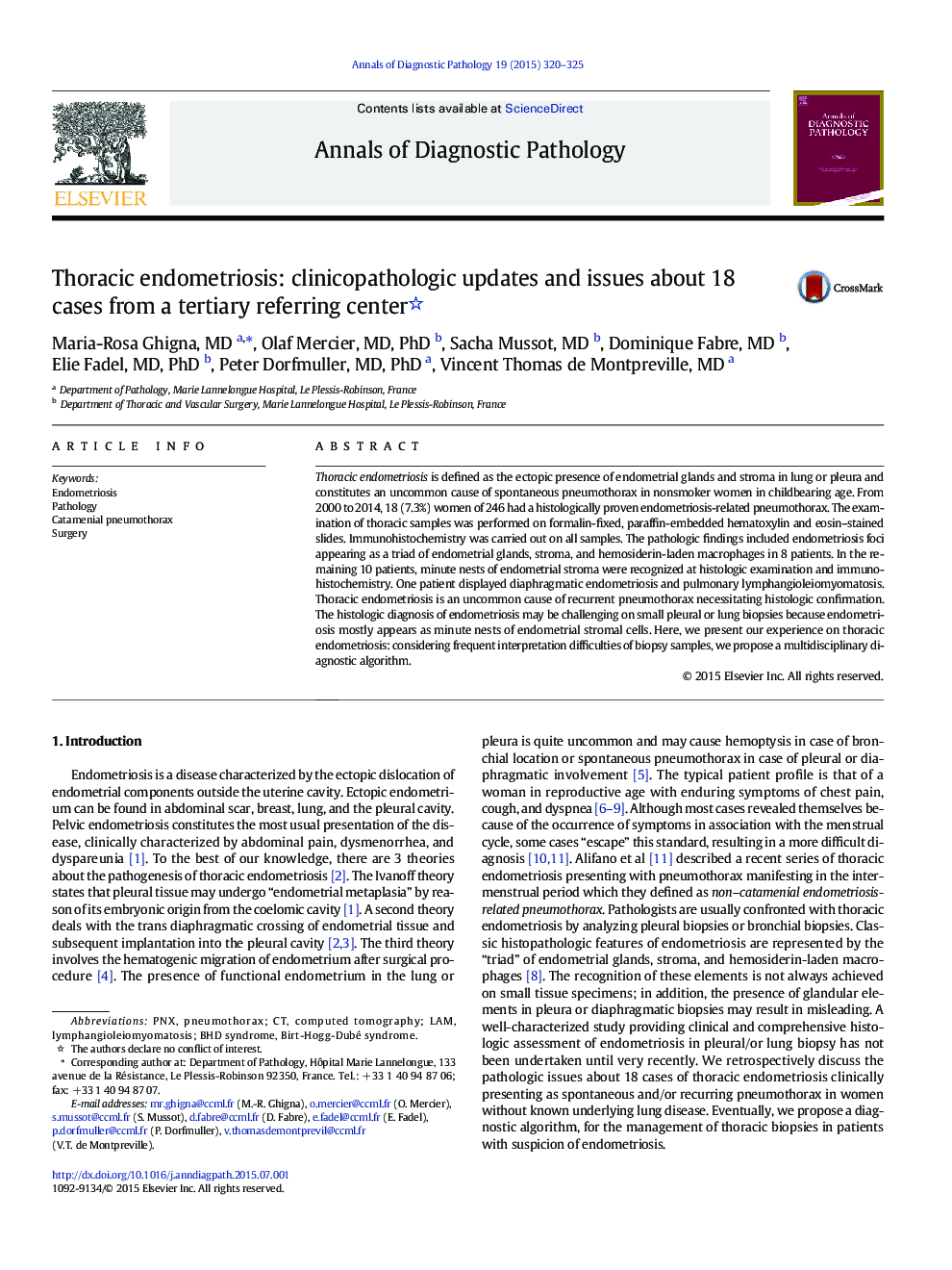 Thoracic endometriosis: clinicopathologic updates and issues about 18 cases from a tertiary referring center 