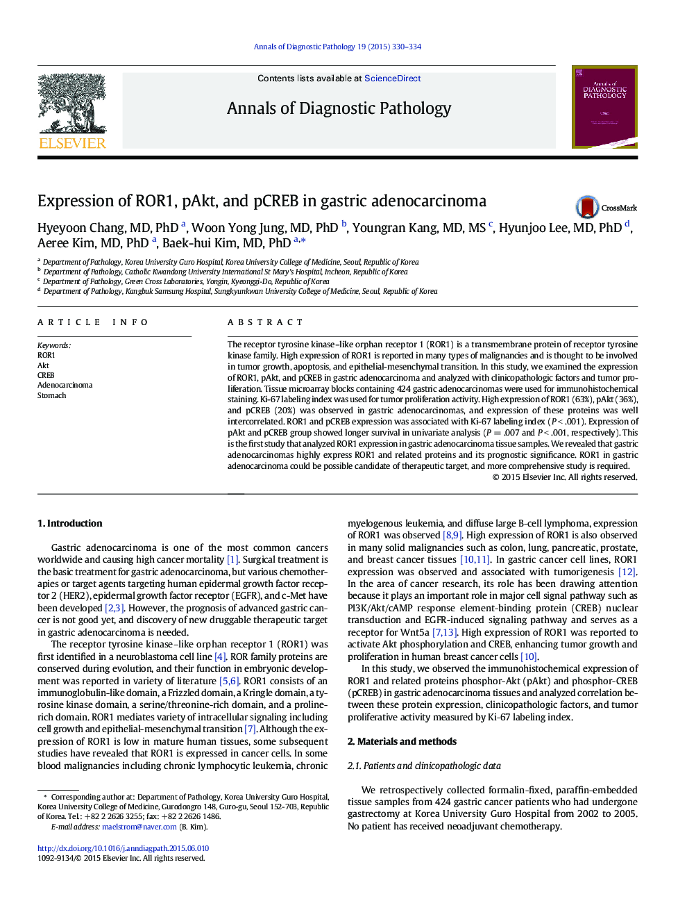 Expression of ROR1, pAkt, and pCREB in gastric adenocarcinoma