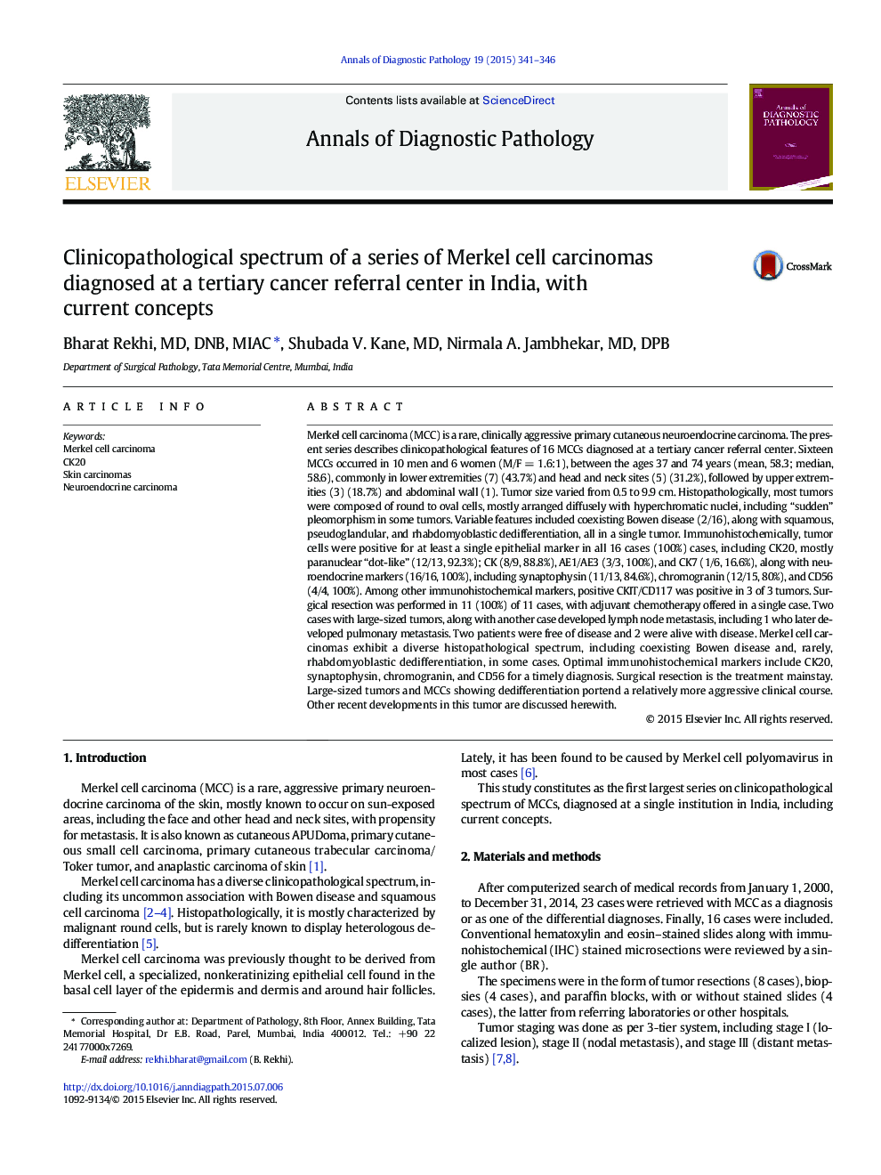 Clinicopathological spectrum of a series of Merkel cell carcinomas diagnosed at a tertiary cancer referral center in India, with current concepts