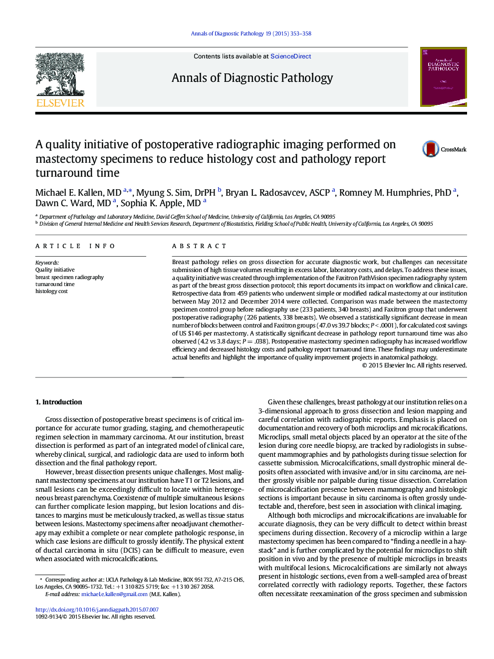 A quality initiative of postoperative radiographic imaging performed on mastectomy specimens to reduce histology cost and pathology report turnaround time