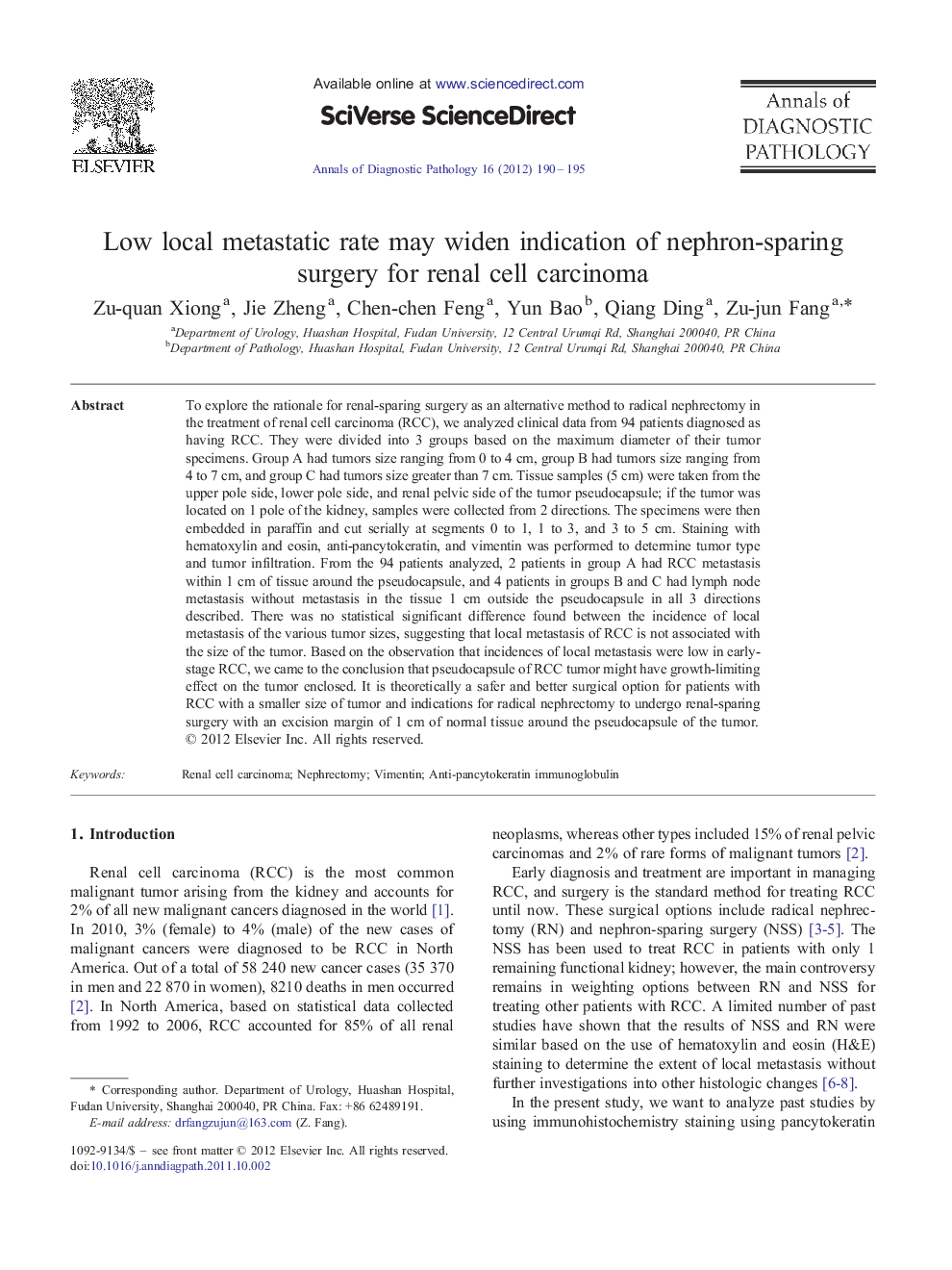 Low local metastatic rate may widen indication of nephron-sparing surgery for renal cell carcinoma