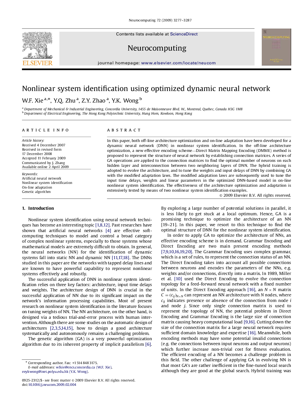 Nonlinear system identification using optimized dynamic neural network