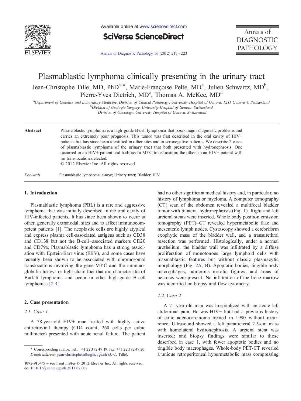 Plasmablastic lymphoma clinically presenting in the urinary tract