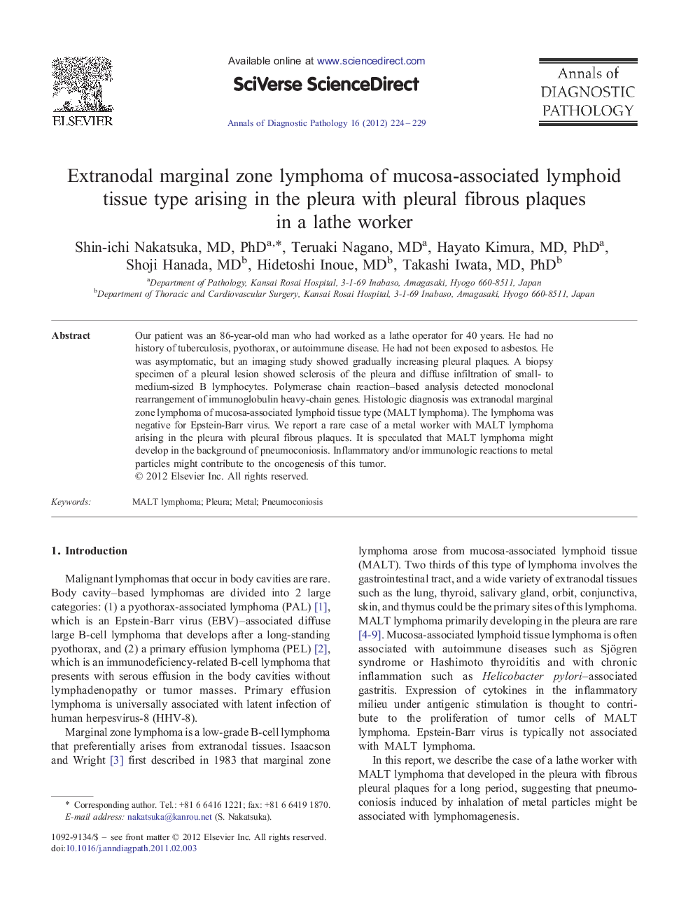 Extranodal marginal zone lymphoma of mucosa-associated lymphoid tissue type arising in the pleura with pleural fibrous plaques in a lathe worker