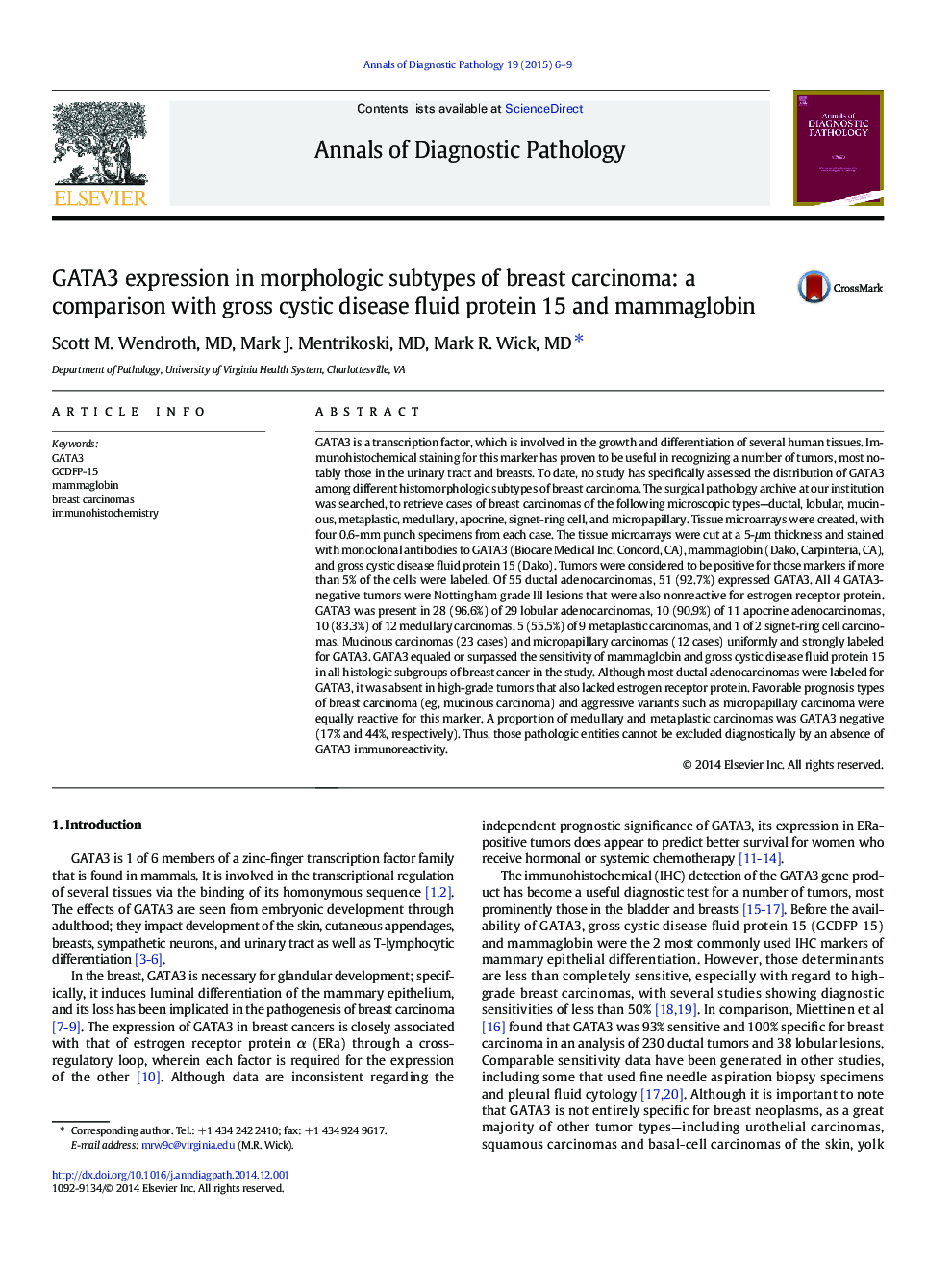 GATA3 expression in morphologic subtypes of breast carcinoma: a comparison with gross cystic disease fluid protein 15 and mammaglobin