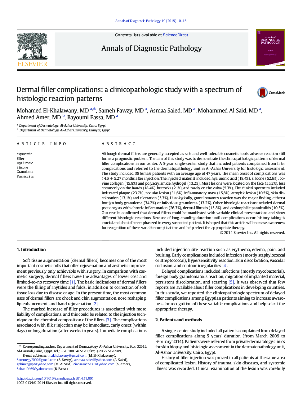 Dermal filler complications: a clinicopathologic study with a spectrum of histologic reaction patterns