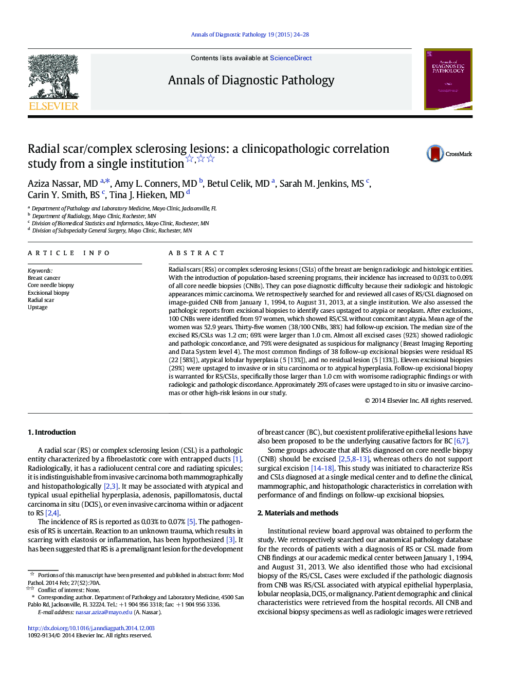 Radial scar/complex sclerosing lesions: a clinicopathologic correlation study from a single institution 