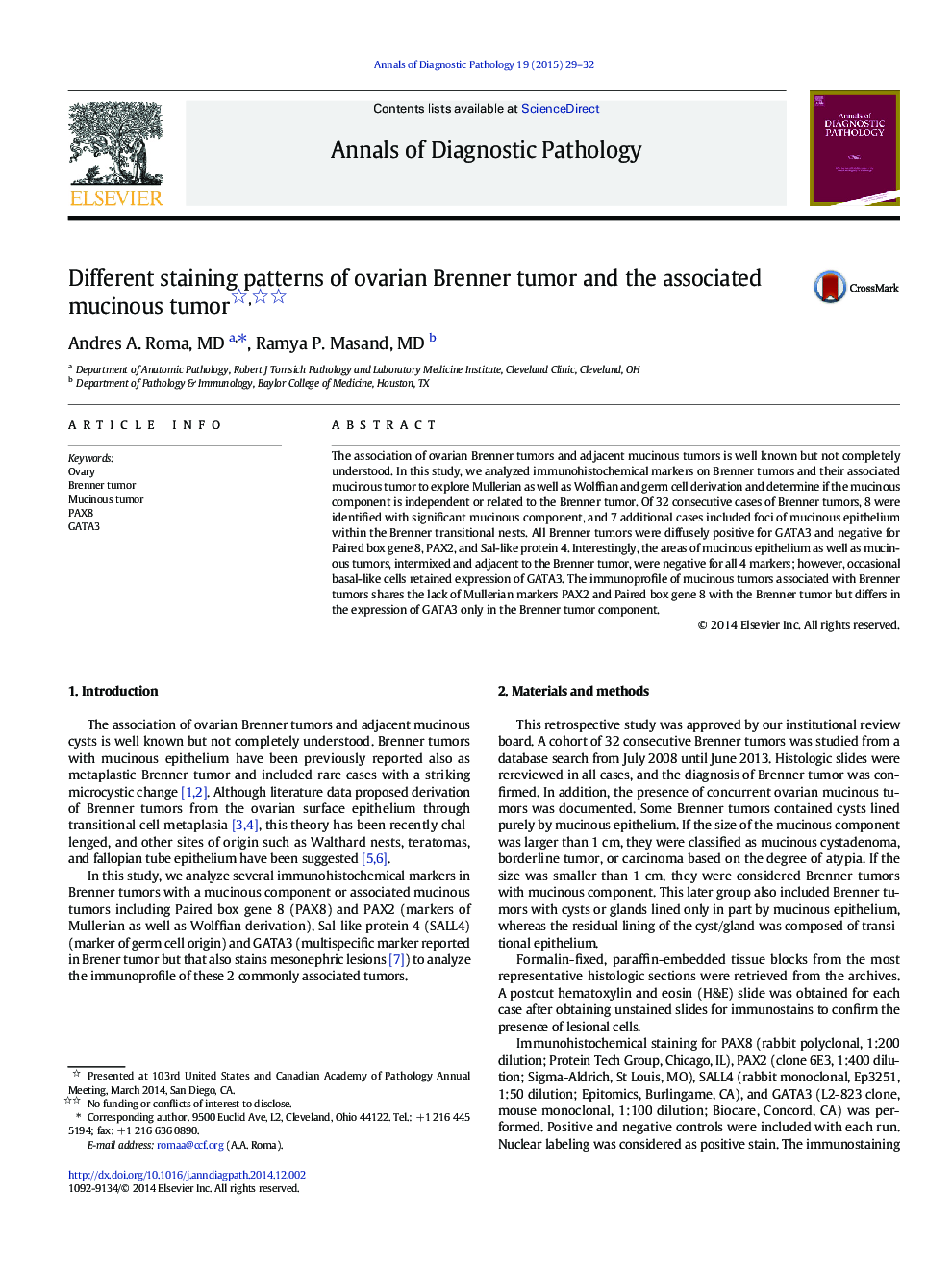 Different staining patterns of ovarian Brenner tumor and the associated mucinous tumor 